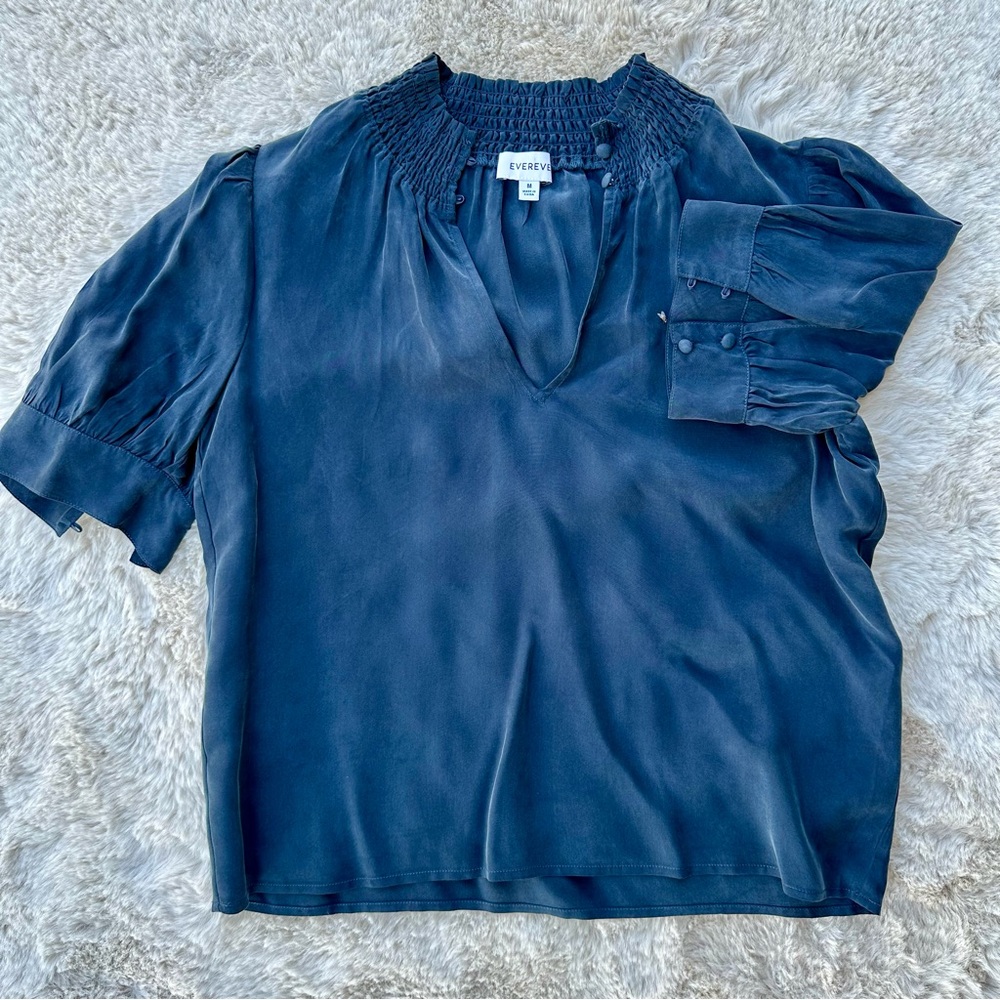 Evereve Women's Deep Blue Smocked Neck Puff Sleeve Blouse | Size M